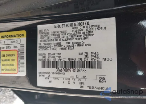 2015 Ford Fusion Titanium z USA, uszkodzony, nr VIN 3FA6P0D97FR108533